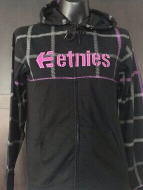etnies men's black & purple logo printed hoodie